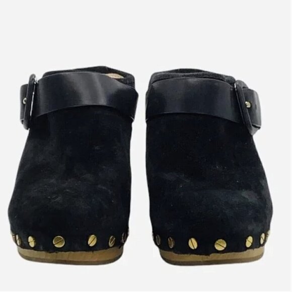 VERONICA BEARD Dacey Clogs Buckled Strap Studded Black Suede Wooden Heel Mule - Picture 6 of 9